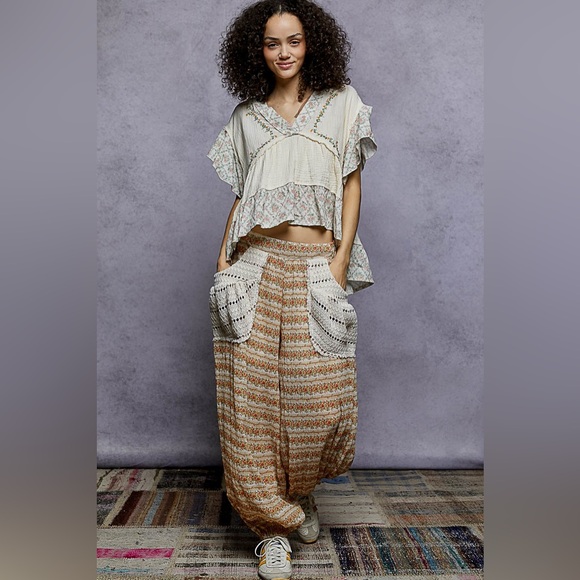 POL Tops - POL Floral V-Neck Short Sleeve Ruffled Double Gauze Blouse with Embroidery 🆕